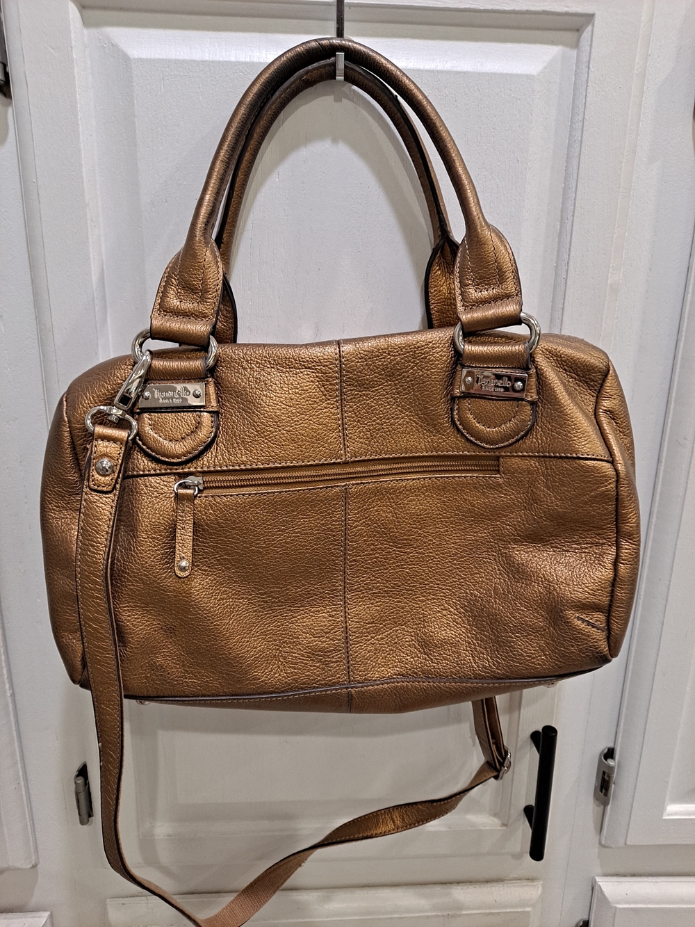 Tignanello Metallic Bronze Leather Satchel Shoulder Bag Rolled Top Handles